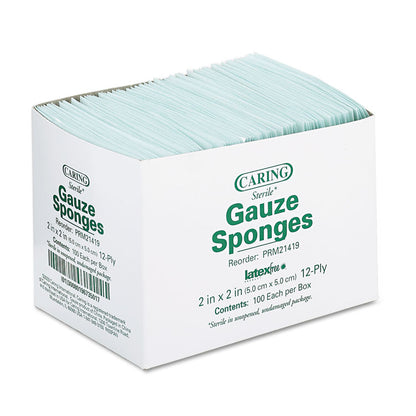 Caring Woven Gauze Sponges, Sterile, 12-Ply, 2 x 2, 2,400/Carton