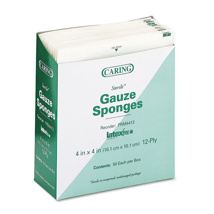 Caring Woven Gauze Sponges, Sterile, 12-Ply, 4 x 4, 1,200/Carton