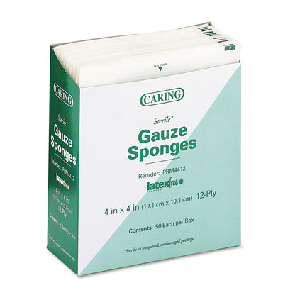 Caring Woven Gauze Sponges, Sterile, 12-Ply, 4 x 4, 1,200/Carton
