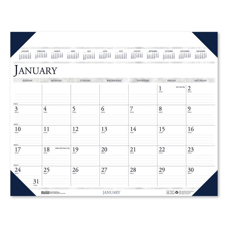 Executive Monthly Desk Pad Calendar, 24 x 19, White/Blue Sheets, Blue Corners, 12-Month (Jan to Dec): 2026