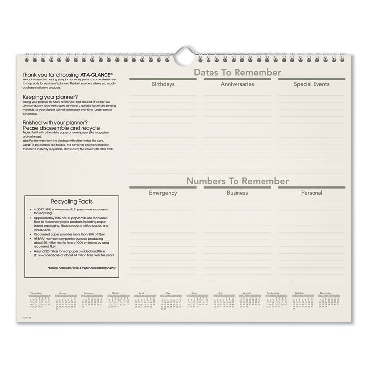 Recycled Wall Calendar, Unruled Blocks, 15 x 12, Sand/Green Sheets, 12-Month (Jan to Dec): 2026