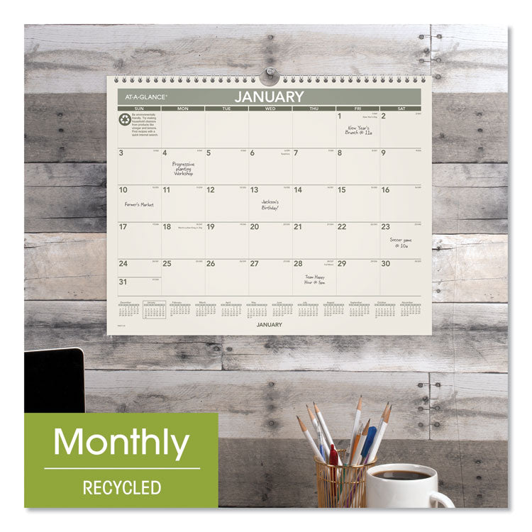 Recycled Wall Calendar, Unruled Blocks, 15 x 12, Sand/Green Sheets, 12-Month (Jan to Dec): 2026