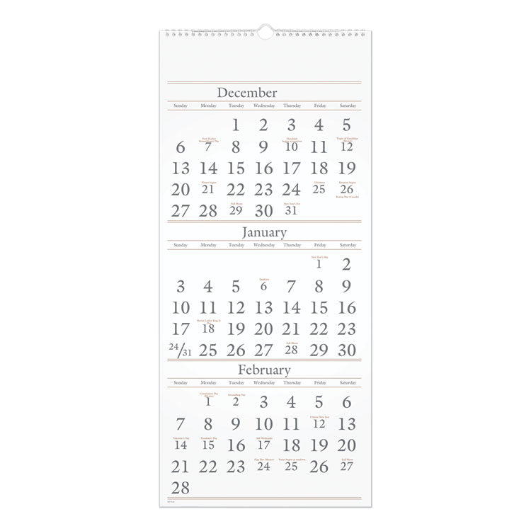 Three-Month Reference Wall Calendar, 12 x 27, White Sheets, 14-Month: Dec 2025 to Feb 2027