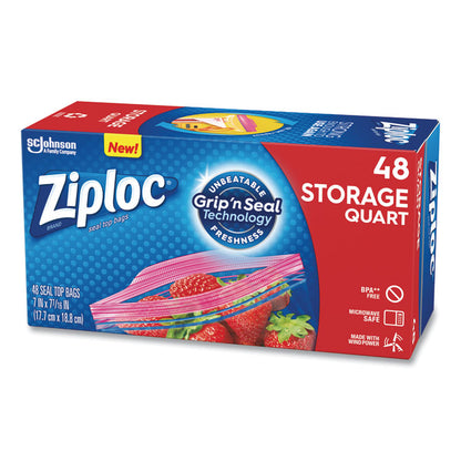 Double Zipper Storage Bags, Triple System Seal, Quart, 1.75 mil, 9.63" x 8.5", Clear, 48/Box