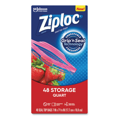 Double Zipper Storage Bags, Triple System Seal, Quart, 1.75 mil, 9.63" x 8.5", Clear, 48/Box