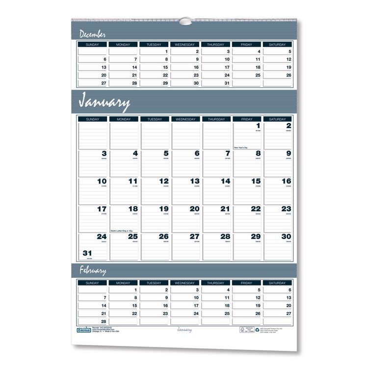 Bar Harbor Recycled Wirebound 3-Months-per-Page Wall Calendar, 15.5 x 22, White/Blue/Gray, 14-Month: Dec 2025 to Jan 2027