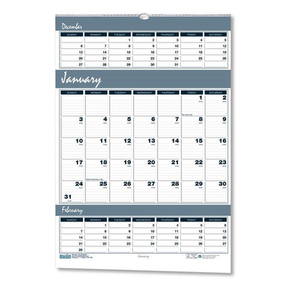 Bar Harbor Recycled Wirebound 3-Months-per-Page Wall Calendar, 15.5 x 22, White/Blue/Gray, 14-Month: Dec 2025 to Jan 2027
