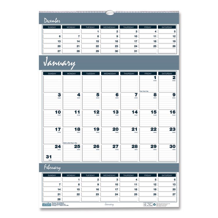 Bar Harbor Recycled Wirebound 3-Months-per-Page Wall Calendar, 12 x 17, White/Blue/Gray, 14-Month: Dec 2025 to Jan 2027