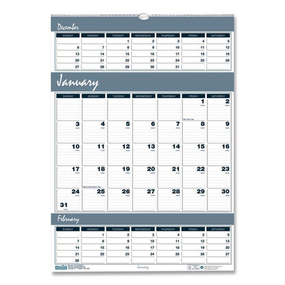 Bar Harbor Recycled Wirebound 3-Months-per-Page Wall Calendar, 12 x 17, White/Blue/Gray, 14-Month: Dec 2025 to Jan 2027