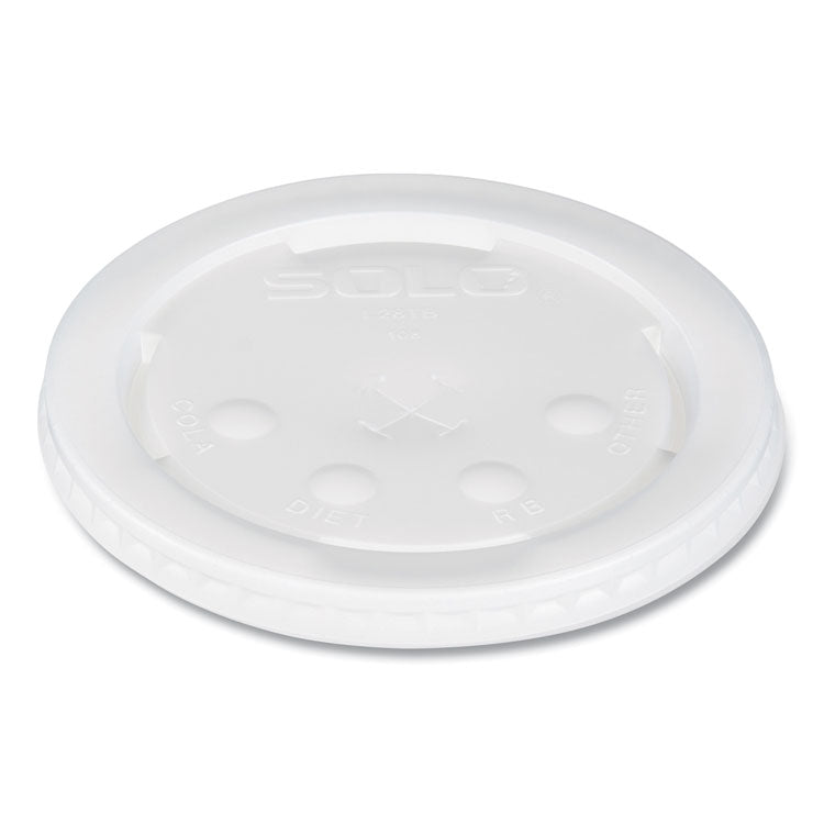 Polystyrene Plastic Flat Straw-Slot Cold Cup Lids, Identification Buttons, Fits 28 oz Cold Cups, Translucent, 960/Carton