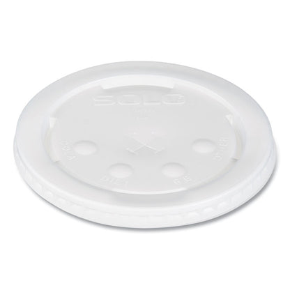 Polystyrene Plastic Flat Straw-Slot Cold Cup Lids, Identification Buttons, Fits 28 oz Cold Cups, Translucent, 960/Carton