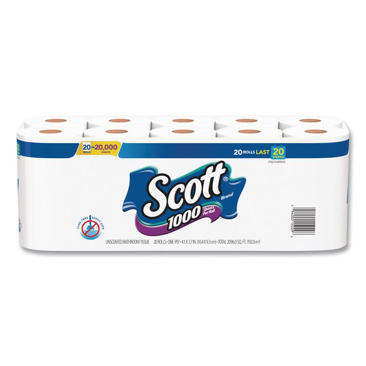 1000 Bathroom Tissue, Septic Safe, 1-Ply, White, 1,000 Sheets/Roll, 20 Rolls/Pack, 2 Packs/Carton