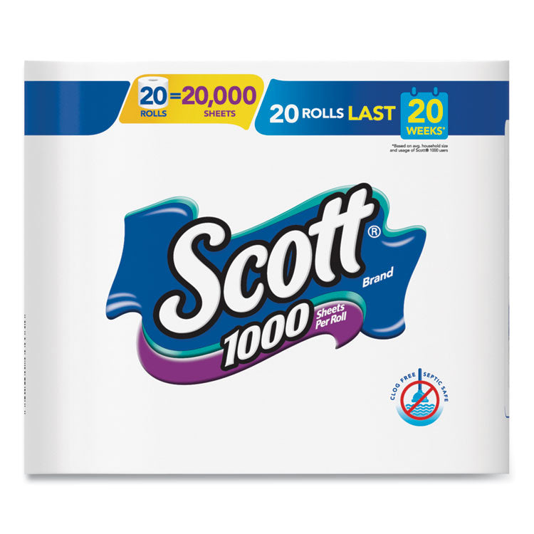 1000 Bathroom Tissue, Septic Safe, 1-Ply, White, 1,000 Sheets/Roll, 20 Rolls/Pack