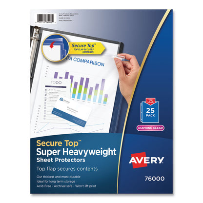 Secure Top Super Heavyweight Diamond Clear Sheet Protector, Side: 3-Hole Punched, Top Load 8.5 x 11 Insert, Clear, 25/Pack