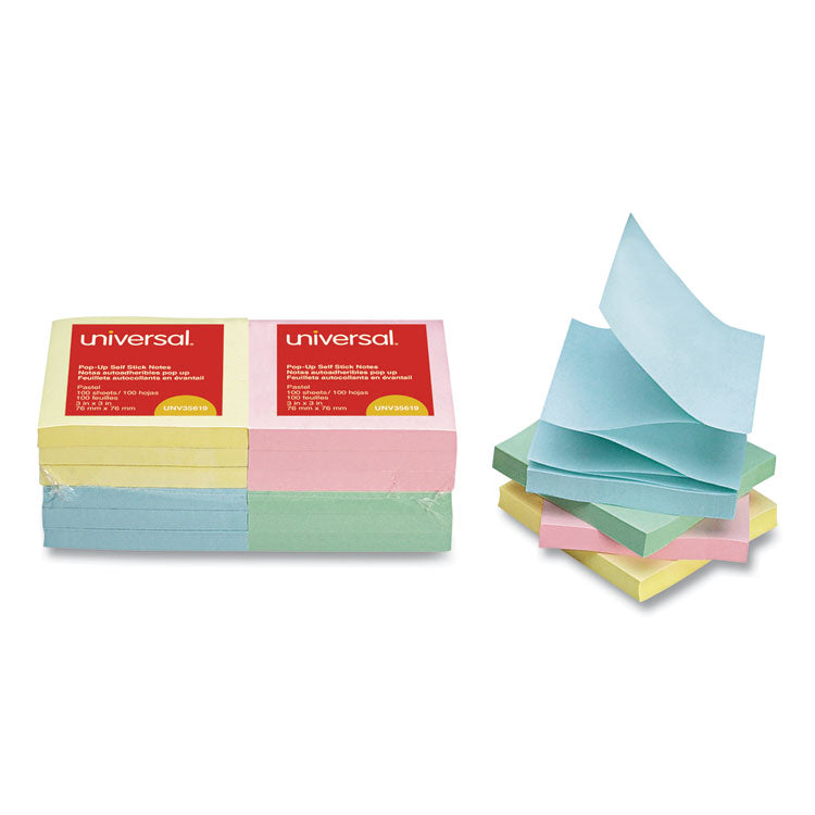 Fan-Folded Self-Stick Pop-Up Note Pads, 3" x 3", Assorted Pastel Colors, 100 Sheets/Pad, 12 Pads/Pack