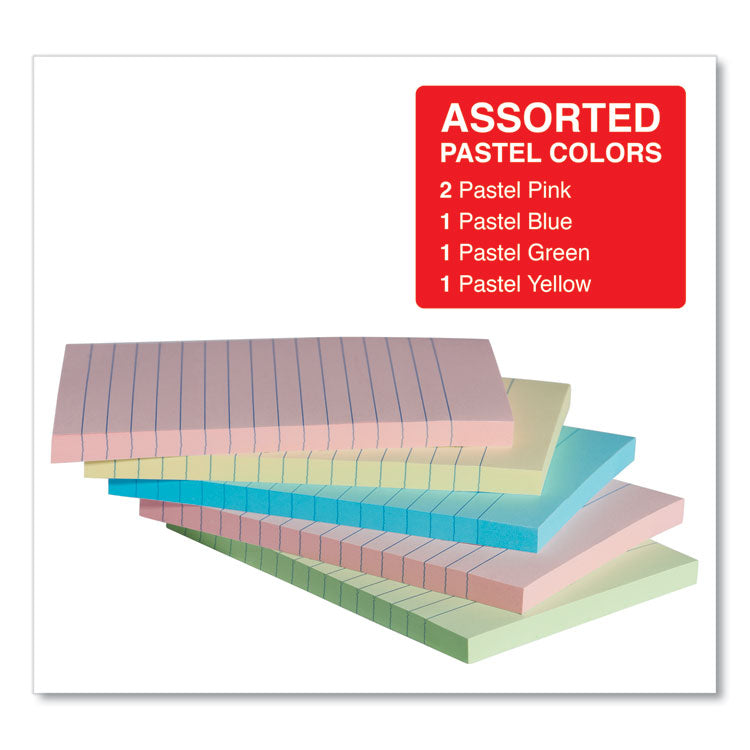Self-Stick Note Pads, Note Ruled, 4" x 6", Assorted Pastel Colors, 100 Sheets/Pad, 5 Pads/Pack