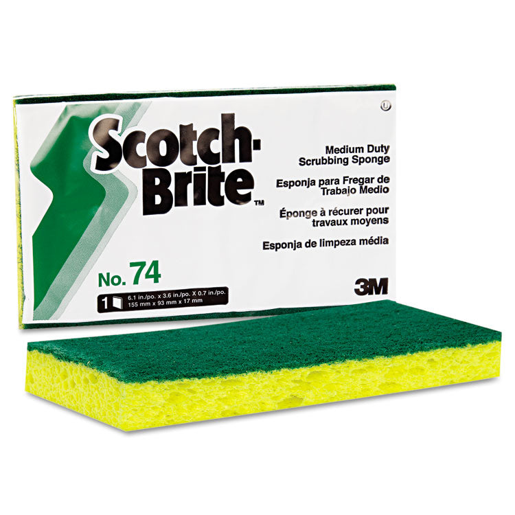 Medium-Duty Scrubbing Sponge 74, 3.6 x 6.1, 0.7" Thick, Yellow/Green, 20/Carton