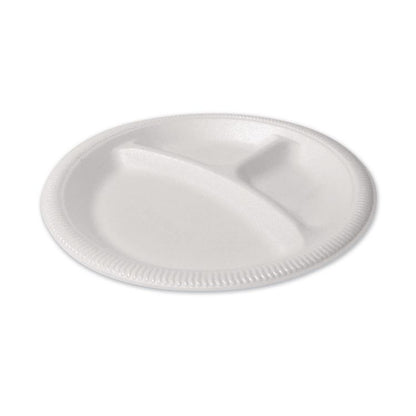 Foam Dinnerware, 3-Compartment Plate, 9" dia, White, 125/Sleeve, 4 Sleeves/Pack