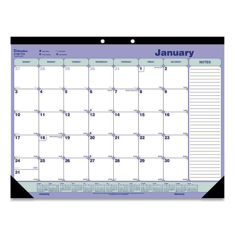 Monthly Desk Pad Calendar, 21.25 x 16, White/Blue/Green Sheets, Black Binding, Black Corners, 12-Month (Jan to Dec): 2026