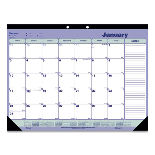 Monthly Desk Pad Calendar, 21.25 x 16, White/Blue/Green Sheets, Black Binding, Black Corners, 12-Month (Jan to Dec): 2026