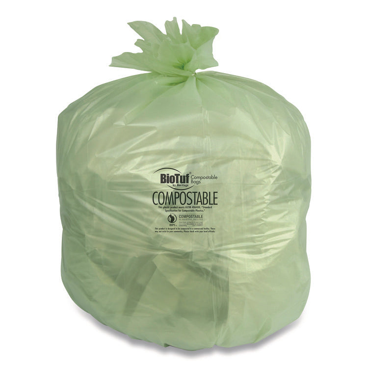Biotuf Compostable Can Liners, 30 gal, 0.88 mil, 30" x 39", Green, 25 Bags/Roll, 6 Rolls/Carton