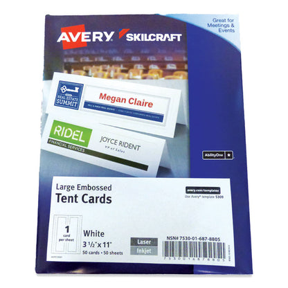 7530016878805, SKILCRAFT AVERY Tent Cards, White, 3.5 x 11, 1 Card/Sheet, 50 Sheets/Pack