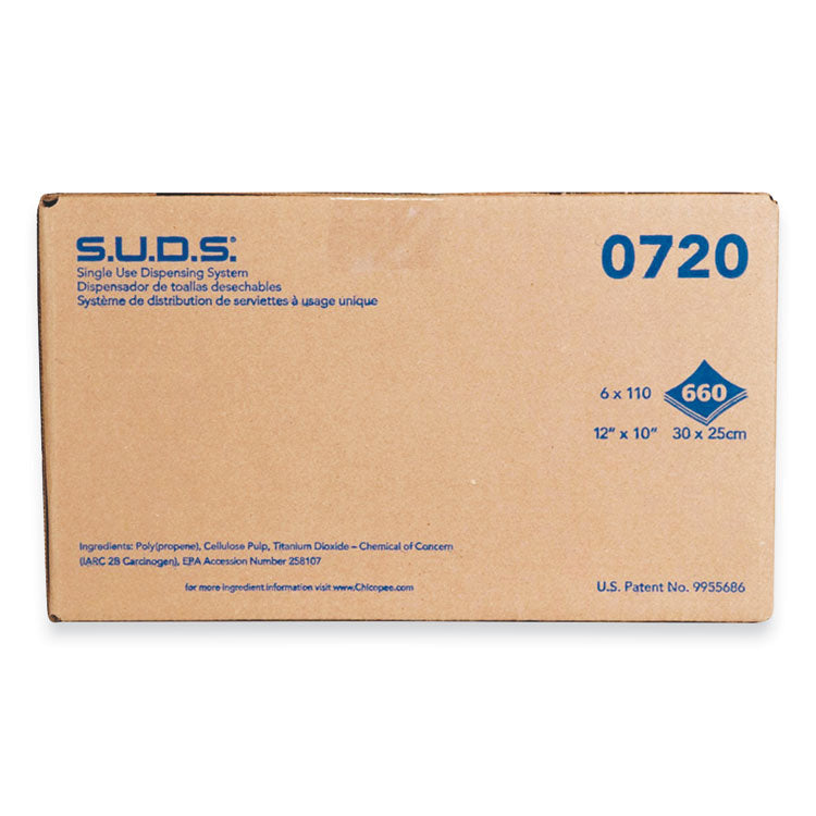 S.U.D.S. Single Use Dispensing System Towels For Quat, 1-Ply, 10 x 12, Unscented, White, 110/Roll, 6 Rolls/Carton
