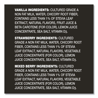 Triple Zero Blended Greek Nonfat Yogurt, 5.3 oz, Strawberry/Mixed Berry/Vanilla, 18/Carton