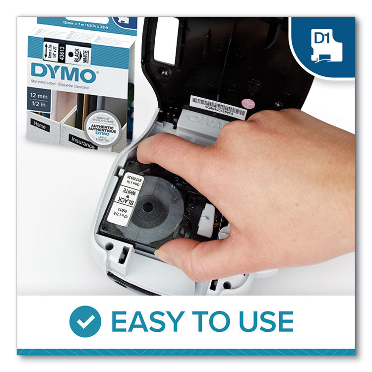 D1 High-Performance Polyester Removable Label Tape, 0.5" x 23 ft, Black on White
