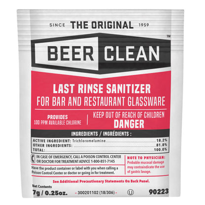 Beer Clean Last Rinse Glass Sanitizer, Unscented, Powder, 0.25 oz Pack, 100/Carton