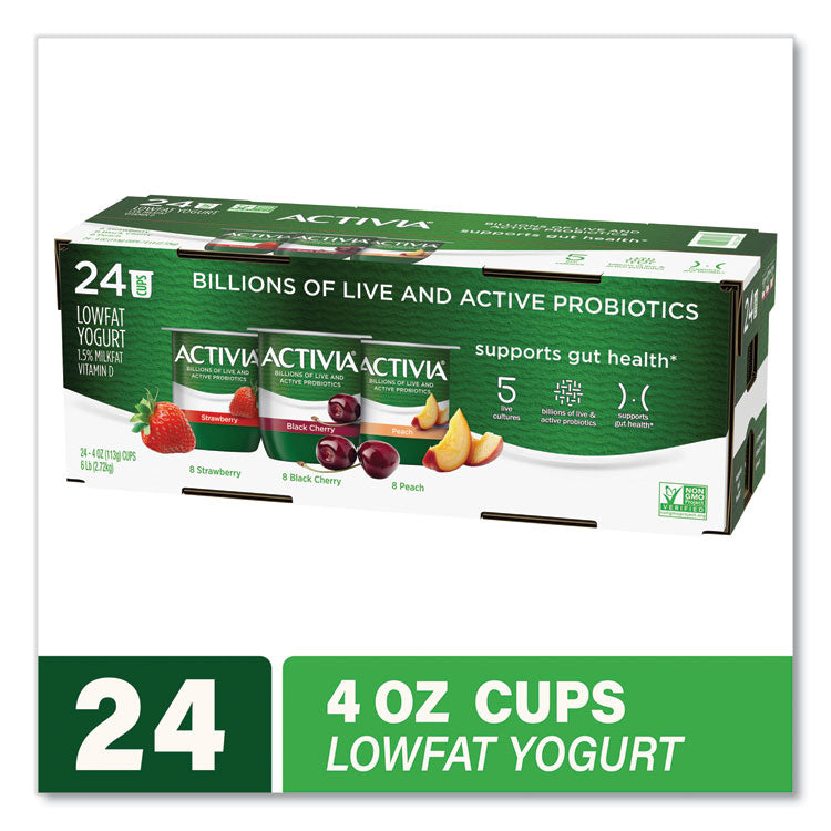 Probiotic Lowfat Yogurt, Variety Pack, Black Cherry/Peach/Strawberry, 4 oz Cups, 24/Pack