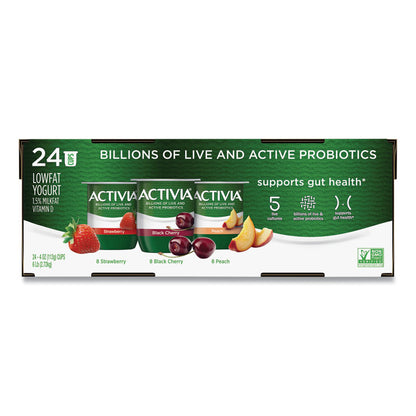 Probiotic Lowfat Yogurt, Variety Pack, Black Cherry/Peach/Strawberry, 4 oz Cups, 24/Pack
