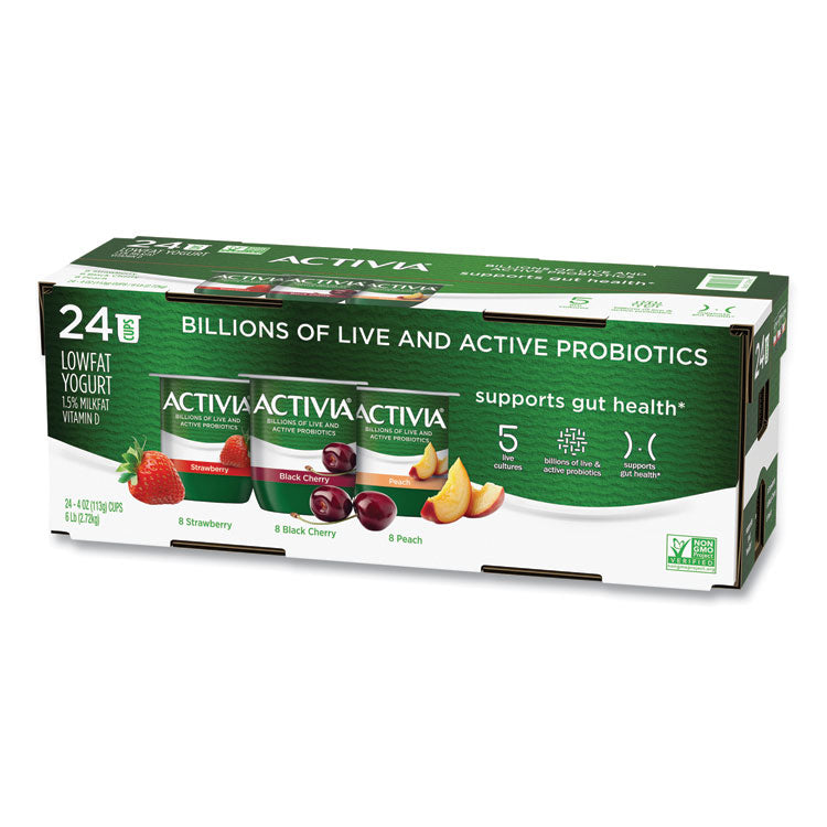 Probiotic Lowfat Yogurt, Variety Pack, Black Cherry/Peach/Strawberry, 4 oz Cups, 24/Pack