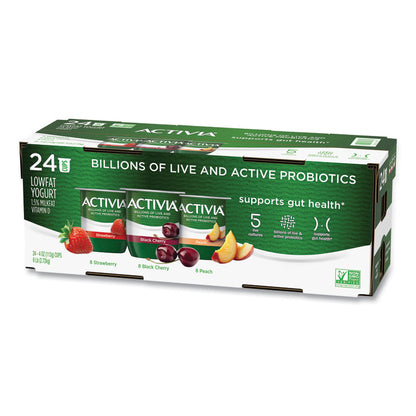 Probiotic Lowfat Yogurt, Variety Pack, Black Cherry/Peach/Strawberry, 4 oz Cups, 24/Pack