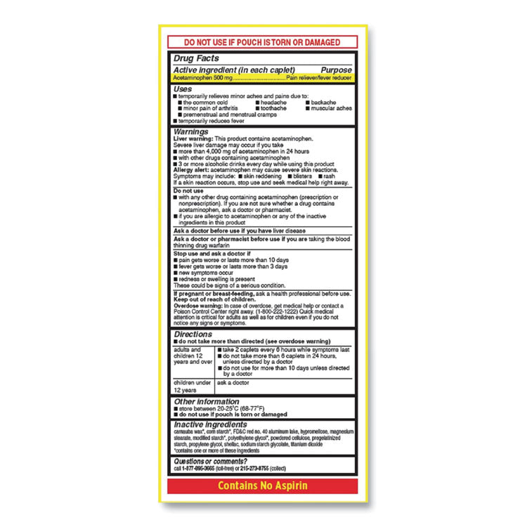 Acetaminophen, 500 mg, Extra Strength Caplets, Refill, 2 /Packet, 30 Packets/Box