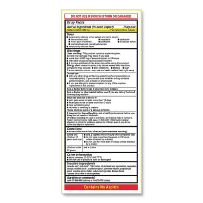 Acetaminophen, 500 mg, Extra Strength Caplets, Refill, 2 /Packet, 30 Packets/Box