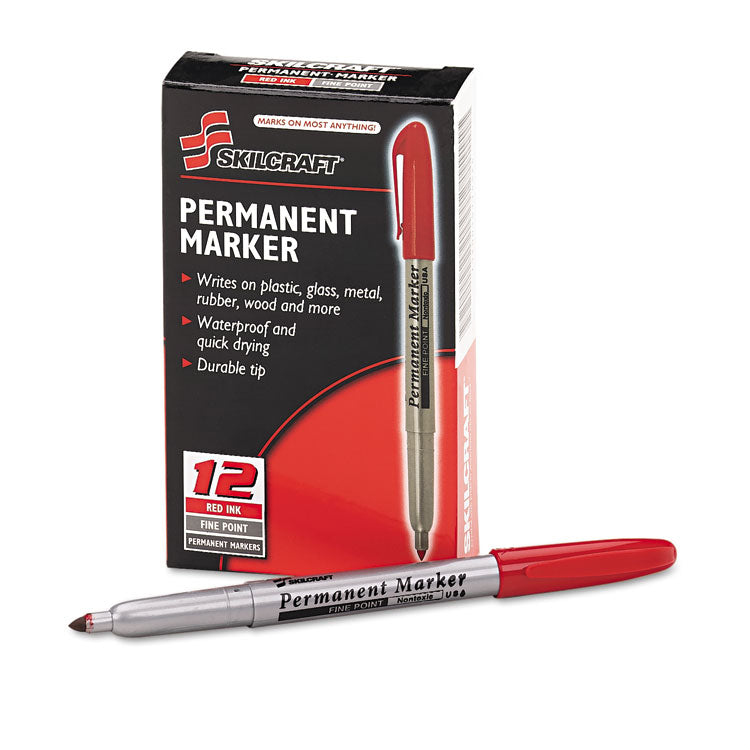 7520015114324, SKILCRAFT Fine Point Permanent Marker, Fine Bullet Tip, Red, Dozen