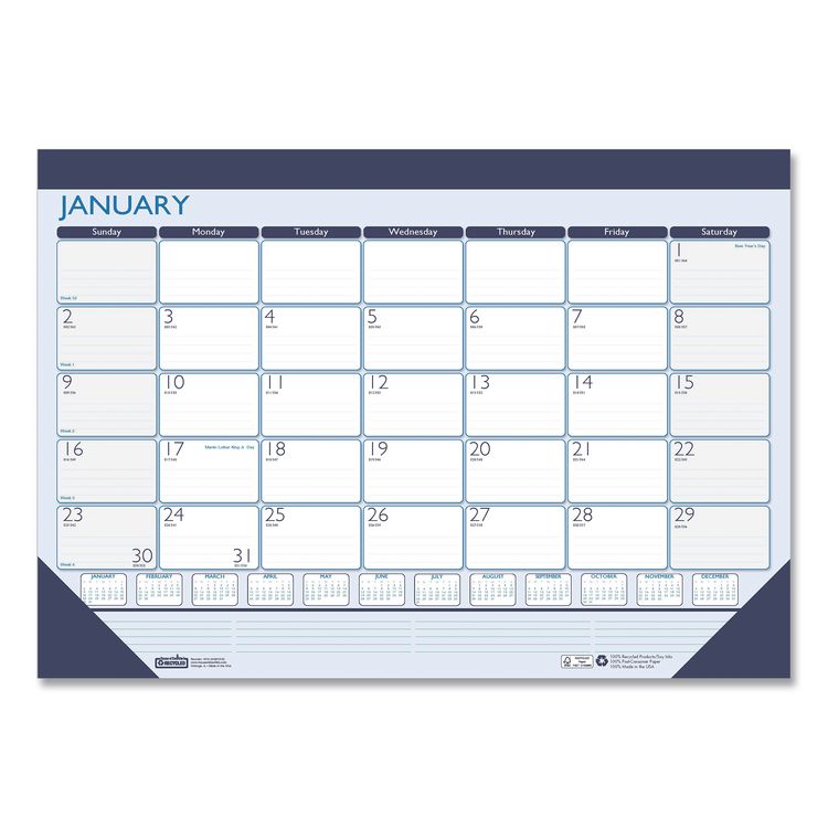 Recycled Contempo Desk Pad Calendar, 22 x 17, White/Blue Sheets, Blue Binding, Blue Corners, 12-Month (Jan to Dec): 2026