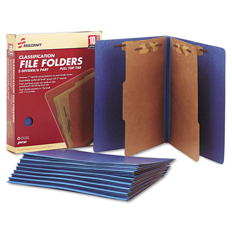 7530015567914, SKILCRAFT Pressboard Top Tab Classification Folder, 2 Dividers, 6 Fasteners, Letter Size, Dark Blue, 10/Box