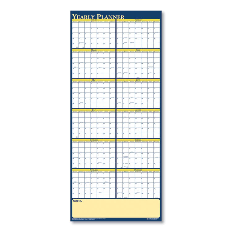 Recycled Reversible Yearly Wall Planner, 60 x 26, White/Blue/Yellow Sheets, 12-Month (Jan to Dec): 2026