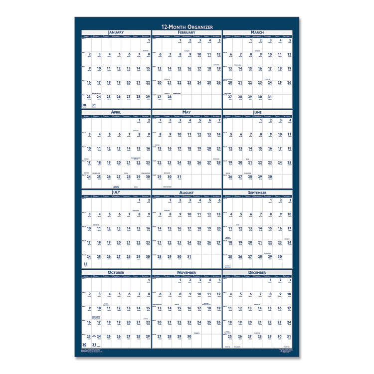 Recycled Poster Style Reversible/Erasable Yearly Wall Calendar, 24 x 37, White/Blue/Gray Sheets, 12-Month (Jan to Dec): 2026