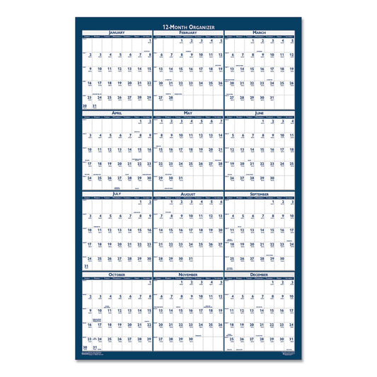 Recycled Poster Style Reversible/Erasable Yearly Wall Calendar, 24 x 37, White/Blue/Gray Sheets, 12-Month (Jan to Dec): 2026