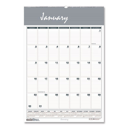 Bar Harbor Recycled Wirebound Monthly Wall Calendar, 15.5 x 22, White/Blue/Gray Sheets, 12-Month (Jan-Dec): 2026