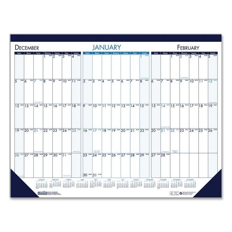 Three Month Desk Pad, 22 x 17, White/Blue/Teal Sheets, Blue Binding, Blue Corners, 14-Month: Dec 2025 to Jan 2027