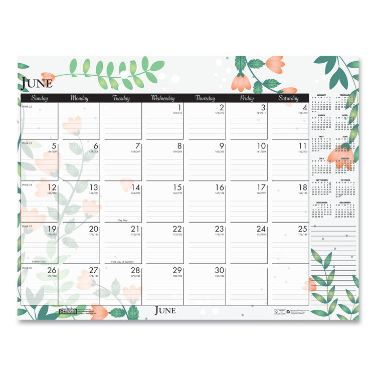 Recycled Desk Pad Calendar, Wild Flowers Artwork, 18.5 x 13, White Sheets, Black Binding/Corners,12-Month (Jan-Dec): 2026