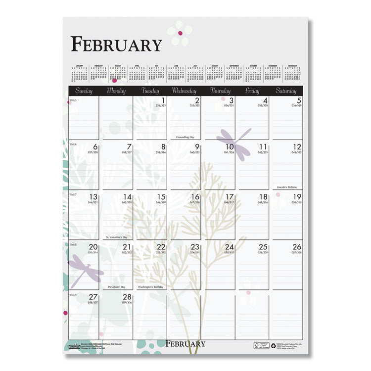 Recycled Wild Flower Wall Calendar, Wild Flowers Artwork, 12 x 16.5, White/Multicolor Sheets, 12-Month (Jan to Dec): 2026