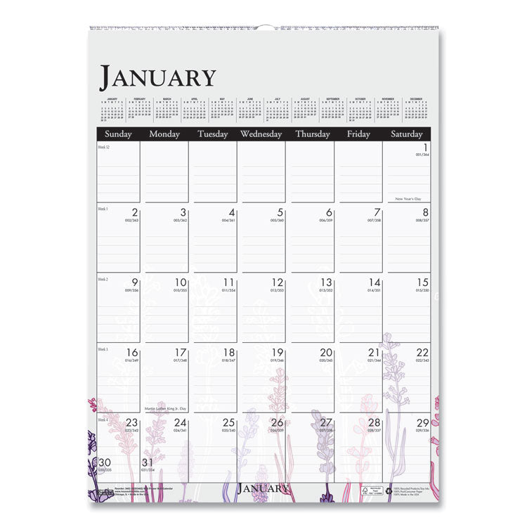 Recycled Wild Flower Wall Calendar, Wild Flowers Artwork, 12 x 16.5, White/Multicolor Sheets, 12-Month (Jan to Dec): 2026