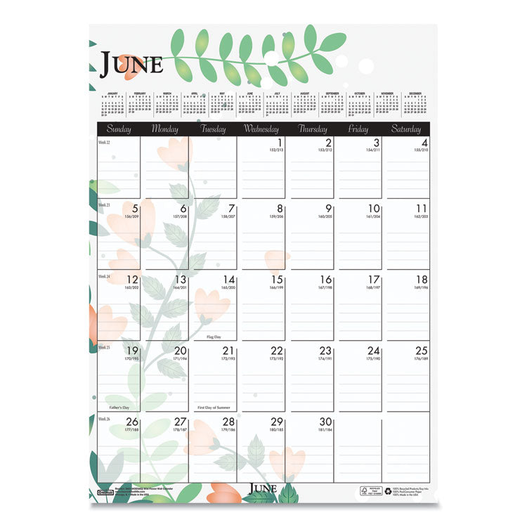 Recycled Wild Flower Wall Calendar, Wild Flowers Artwork, 12 x 16.5, White/Multicolor Sheets, 12-Month (Jan to Dec): 2026