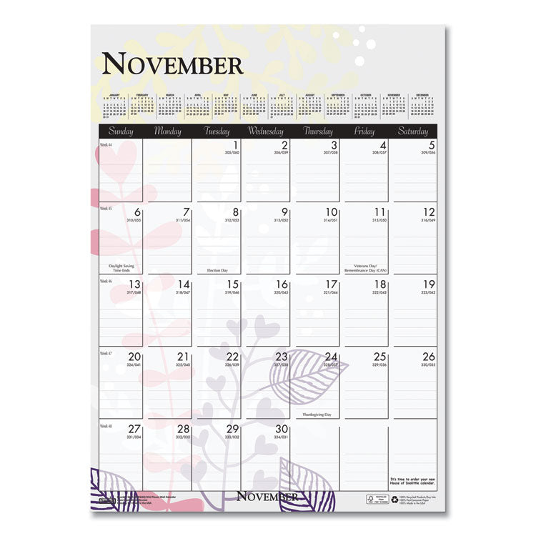 Recycled Wild Flower Wall Calendar, Wild Flowers Artwork, 12 x 16.5, White/Multicolor Sheets, 12-Month (Jan to Dec): 2026