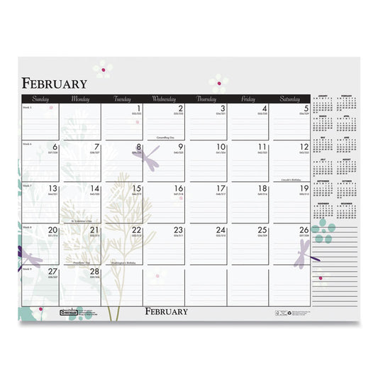 Recycled Desk Pad Calendar, Wild Flowers Artwork, 18.5 x 13, White Sheets, Black Binding/Corners,12-Month (Jan-Dec): 2026